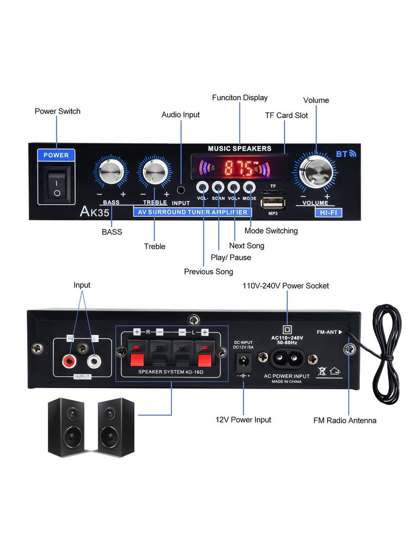 AK35 Dual Channel Bluetooth 5.0 Stereo Audio Amplifier Receiver, USB and SD Card Input, RMS 30W x 2, Bass  Treble Control, FM Radio, for Home Theater Speakers System - Image 3